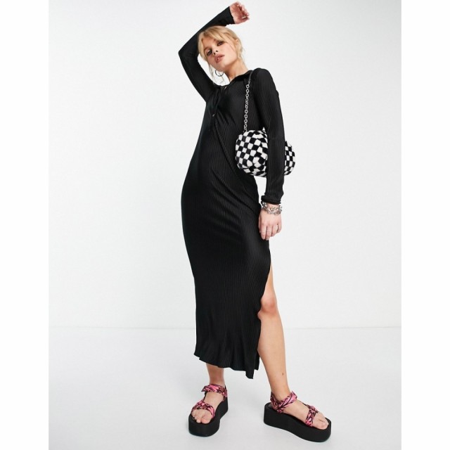 トップショップ Topshop レディース ワンピース ポロ ワンピース・ドレス Long Sleeve Ribbed Jersey Midi Polo Dress In Black ブラック