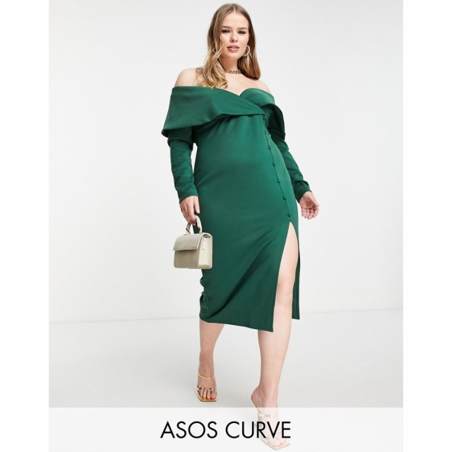 エイソス ASOS Curve レディース ワンピース ミドル丈 ワンピース・ドレス Curve Foldover Bardot Midi Dress In Forest Green フォレス