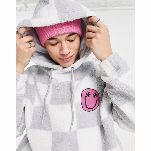 エイソス ASOS DESIGN メンズ パーカー チェッカーフラッグ トップス Oversized Borg Festival Hoodie In Grey and White Checkerboard