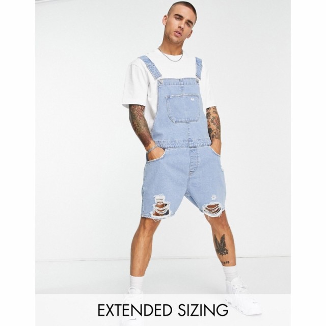 エイソス ASOS DESIGN メンズ オーバーオール デニム ボトムス・パンツ Short Denim Dungaree In Light Wash With Rips ライトウォッシュ