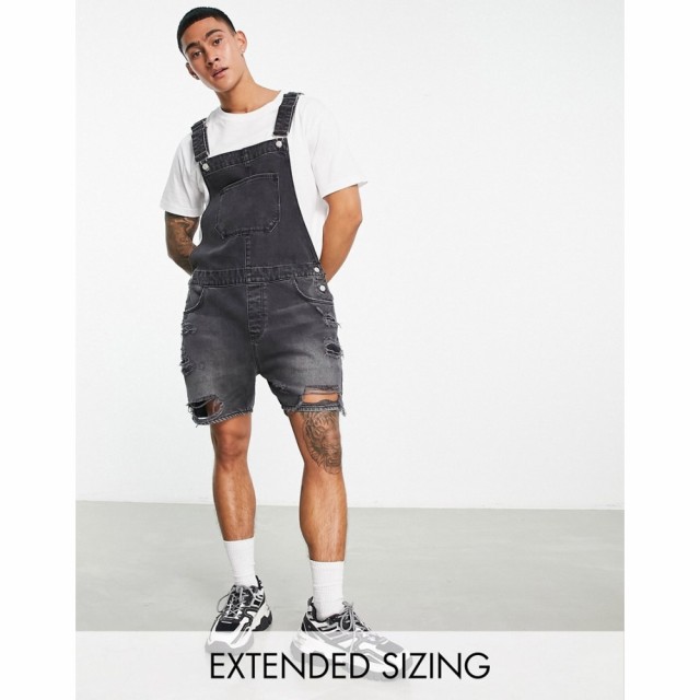 エイソス ASOS DESIGN メンズ オーバーオール デニム ウォッシュ加工 Short Denim Dungaree In Washed Black With Heavy Rips ウォッシュ