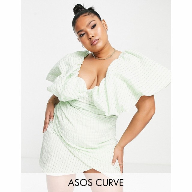 エイソス ASOS Luxe レディース ワンピース ラップドレス ミニ丈 Asos Luxe Curve Bubble Bardot Wrap Mini Dress In Green Gingham グリ