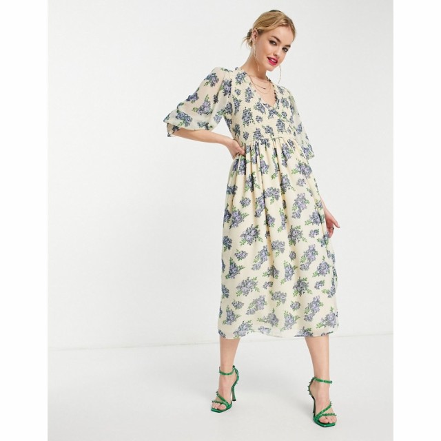 エイソス ASOS DESIGN レディース ワンピース ワンピース・ドレス Midi Smock Dress With Shirred Cuffs In White Base Floral Print