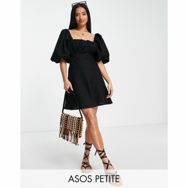 エイソス ASOS Petite レディース ワンピース ミニ丈 ワンピース・ドレス Petite Square Neck Mini Dress With Elastic Detail In Linen