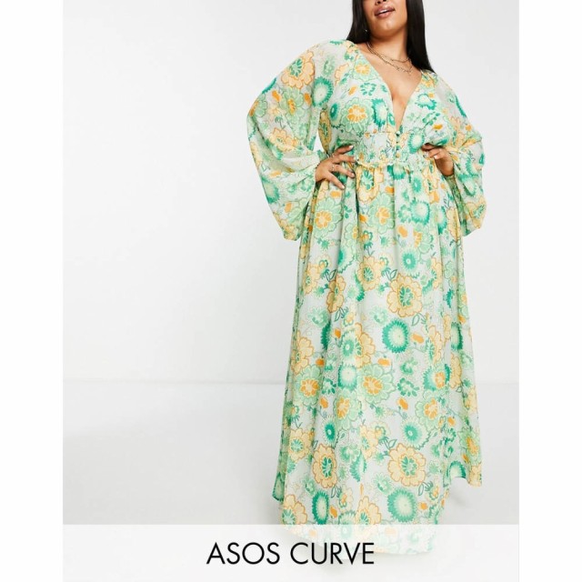 エイソス ASOS Curve レディース ワンピース ワンピース・ドレス Curve Soft Shirred Waist Open Back Maxi Dress In Green Floral グリ