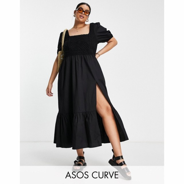 エイソス ASOS Curve レディース ワンピース マキシ丈 ワンピース・ドレス Curve Crochet Insert Cotton Poplin Maxi Dress In Black ブ