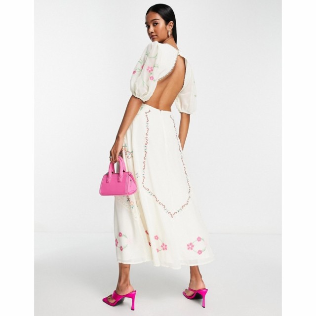 エイソス ASOS DESIGN レディース ワンピース ミドル丈 ワンピース・ドレス Embroidered Lace Insert Cut Out Midi Dress In White ホワ