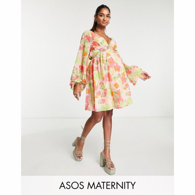 エイソス ASOS Maternity レディース ワンピース ワンピース・ドレス Materntiy Soft Shirred Waist Open Back Mini Dress In Peach Flor