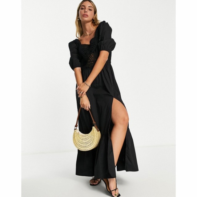 エイソス ASOS DESIGN レディース ワンピース マキシ丈 ワンピース・ドレス Crochet Insert Cotton Poplin Maxi Dress In Black ブラック