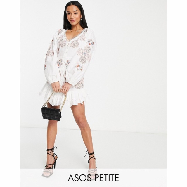 エイソス ASOS Petite レディース ワンピース ミニ丈 ワンピース・ドレス Petite Embroidered Patchwork Printed Mini Dress In White ホ