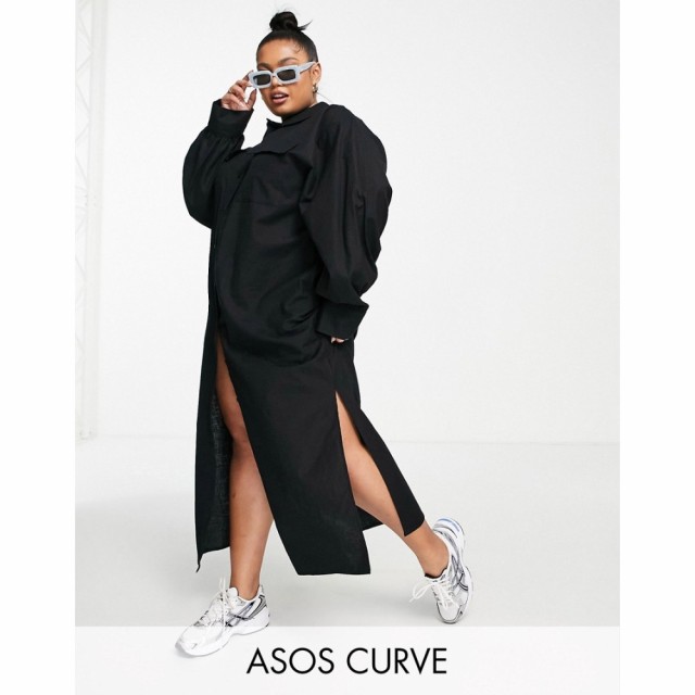 エイソス ASOS Curve レディース ワンピース マキシ丈 シャツワンピース ワンピース・ドレス Curve Casual Linen Maxi Shirt Dress In Bl