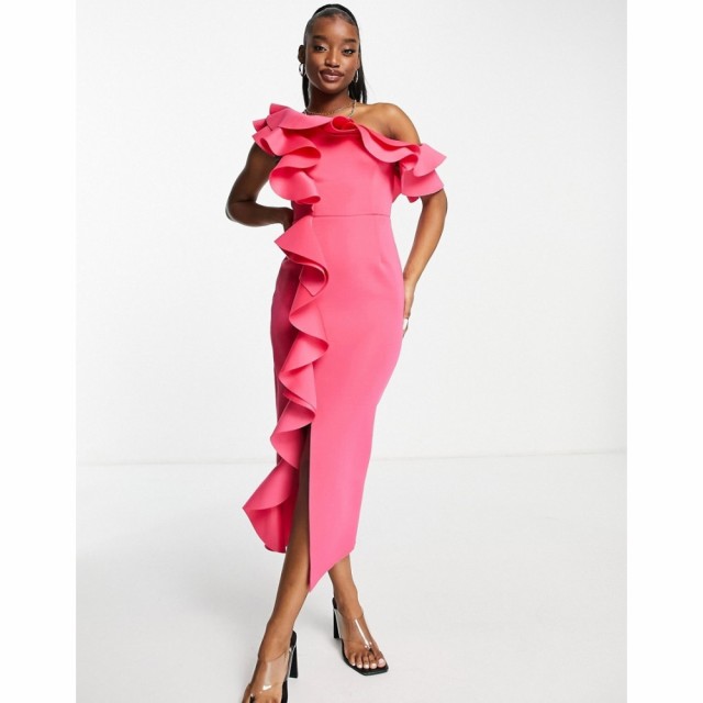 エイソス ASOS DESIGN レディース ワンピース タイト ミドル丈 ワンピース・ドレス Frill Off Shoulder Pencil Midi Dress In Hot Pink