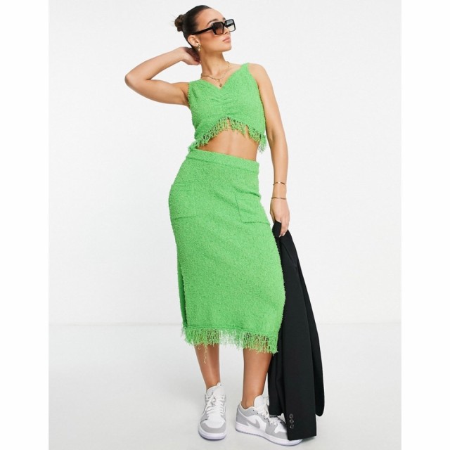 ロストインク Lost Ink レディース ひざ丈スカート スカート Textured Fringe Midi Skirt Co-Ord In Green グリーン