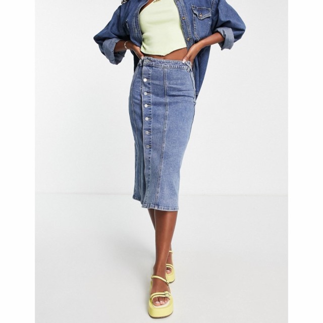 ロストインク Lost Ink レディース ひざ丈スカート デニム スカート Button Side Denim Midi Skirt In Mid Blue ブルー