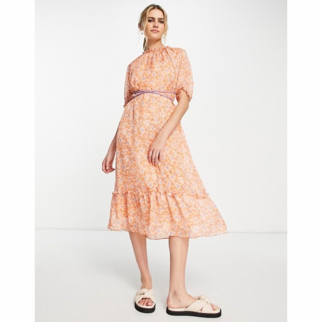 ロストインク Lost Ink レディース ワンピース ミドル丈 ワンピース・ドレス Tie-Detail Floral Midi Dress In Orange マルチカラー