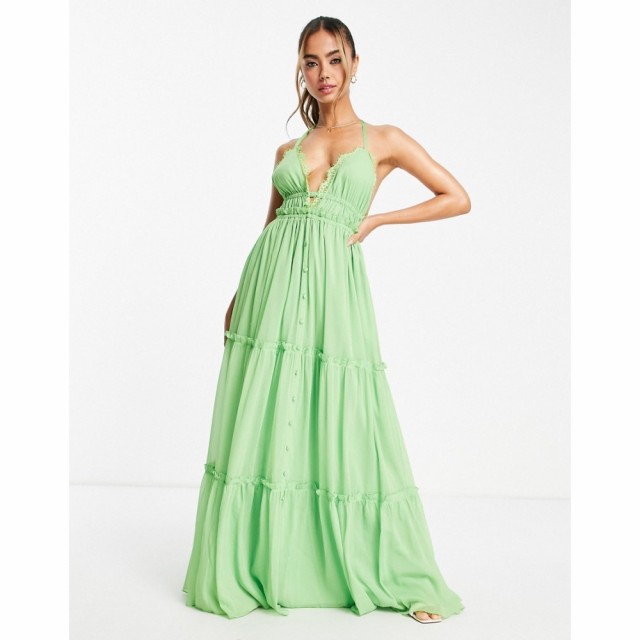 エイソス ASOS DESIGN レディース ワンピース Ａライン ワンピース・ドレス Button Through Tiered Maxi Dress With Lace Trim Detail In