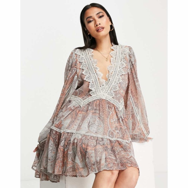 エイソス ASOS DESIGN レディース ワンピース Ａライン ワンピース・ドレス Lace Detail Mini Dress With Tiered Skirt In Paisley Print