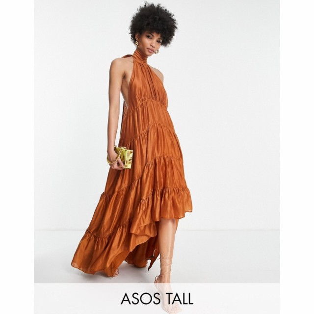 エイソス ASOS DESIGN レディース ワンピース Ａライン ワンピース・ドレス Tall Halter Tiered Voile Maxi Dress With Tie Back イエロ