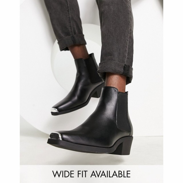 エイソス ASOS DESIGN メンズ ブーツ ウェスタンブーツ チェルシーブーツ Cuban Heel Western Chelsea Boots In Black Faux Leather With