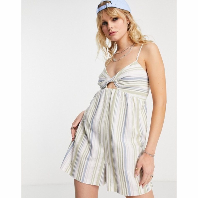 トップショップ Topshop レディース オールインワン ショート ワンピース・ドレス Linen Pastel Stripe Tie Front Playsuit In Multi マ