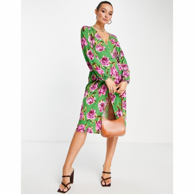 エイソス ASOS DESIGN レディース ワンピース ラップドレス ミドル丈 ワンピース・ドレス Blouson Sleeve Wrap Midi Dress In Green And