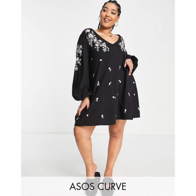 エイソス ASOS DESIGN レディース ワンピース Vネック ワンピース・ドレス Curve V Neck Smock Dress With White Floral Embroidery In B