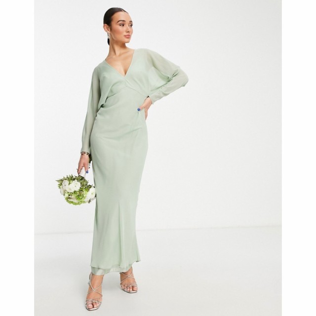 エイソス ASOS DESIGN レディース パーティードレス マキシ丈 ワンピース・ドレス Bridesmaid Soft Batwing Maxi Dress セージ