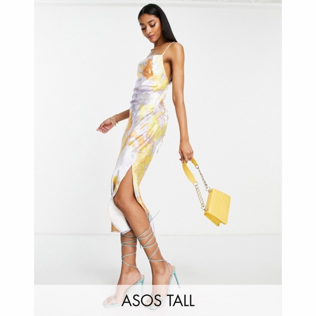 エイソス ASOS Tall レディース ワンピース Tall Cami Midi Slip Dress In High Shine Satin With Lace Up Back In Pop Floral Print