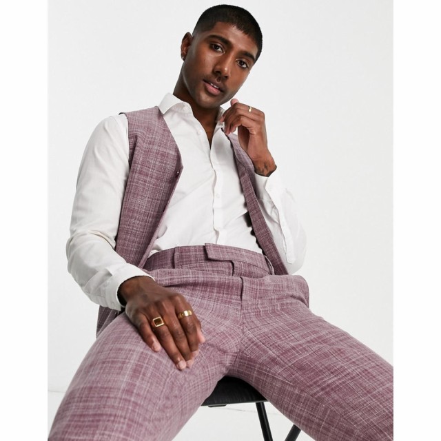 エイソス ASOS DESIGN メンズ ベスト・ジレ スリム スーツ トップス Wedding Slim Suit Waistcoat In Burgundy Crosshatch バーガンディ