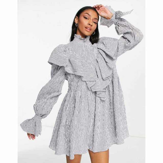 エイソス ASOS EDITION レディース ワンピース ミニ丈 シャツワンピース Ruffle Smock Mini Shirt Dress In Navy Stripe ネイビー/ホワイ