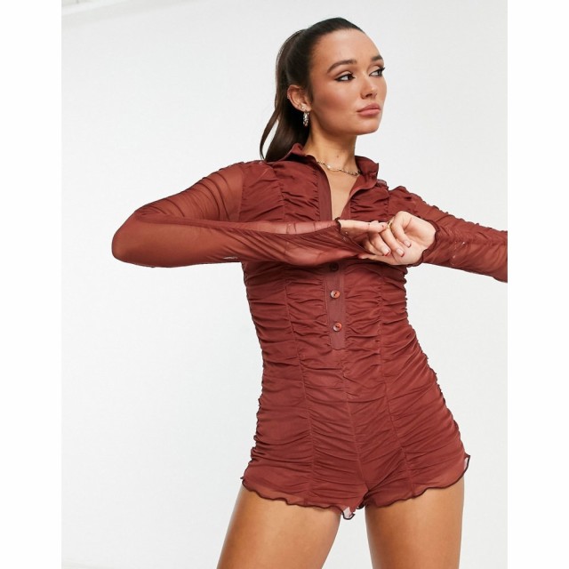 エイソス ASOS DESIGN レディース オールインワン ショート ワンピース・ドレス Mesh Ruched Button Through Playsuit In Chocolate チョ