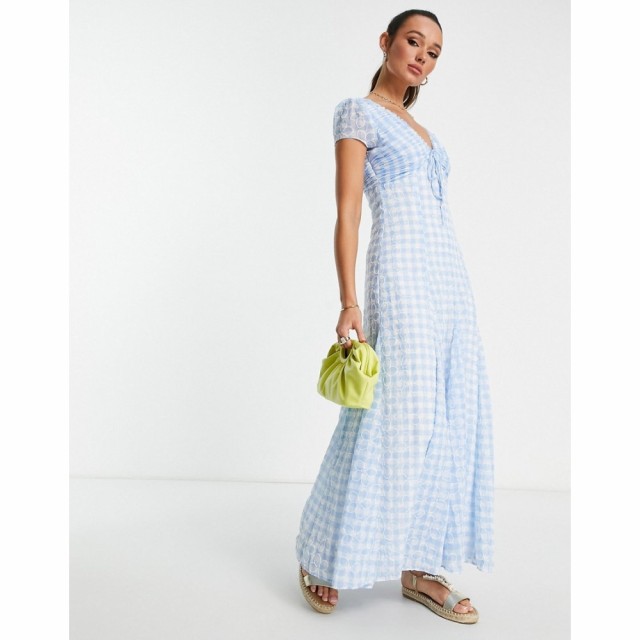 エイソス ASOS DESIGN レディース ワンピース マキシ丈 ワンピース・ドレス Ruched Maxi Dress With Tie Detail In Gingham Embroidered