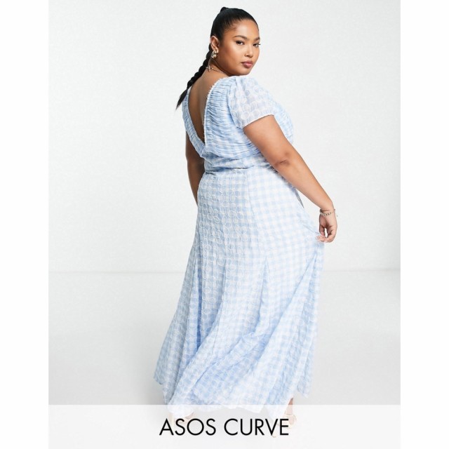 エイソス ASOS Curve レディース ワンピース マキシ丈 ワンピース・ドレス Curve Ruched Maxi Dress With Tie Detail In Blue Gingham Em