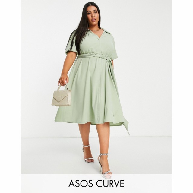 エイソス ASOS Curve レディース ワンピース Aライン ラップドレス ミドル丈 Curve Wrap Shirt Midi Skater Dress With Self Belt In Sag