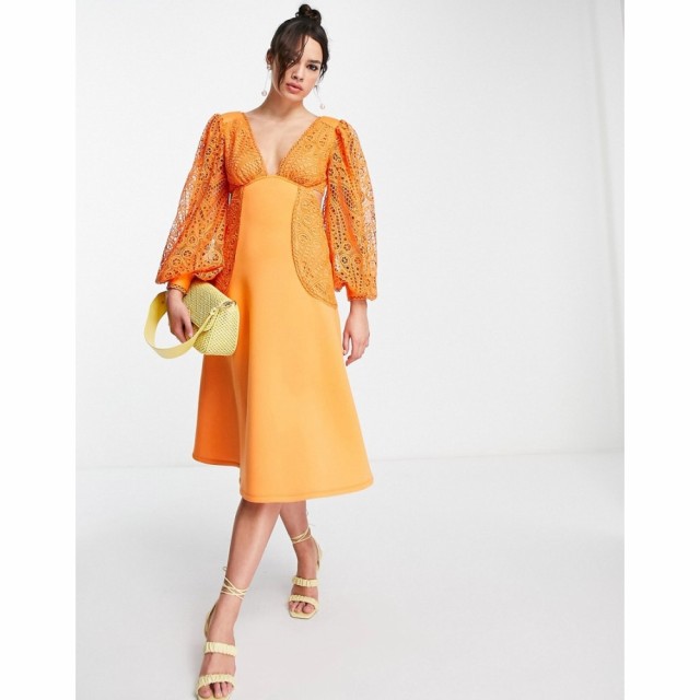 エイソス ASOS DESIGN レディース ワンピース ミドル丈 ワンピース・ドレス Broderie Sleeve Midi Dress In Orange オレンジ