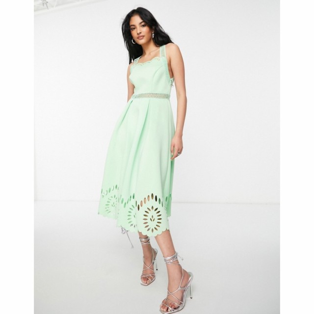 エイソス ASOS DESIGN レディース ワンピース ミドル丈 ワンピース・ドレス Cut Work Midi Dress With Scallop Hem In Green Ash アッシ