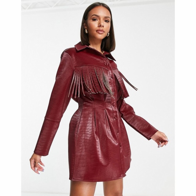 ミスガイデッド Missguided レディース ワンピース ワンピース・ドレス Mini Shirt Dress With Fringing In Burgundy Croc Faux Leather