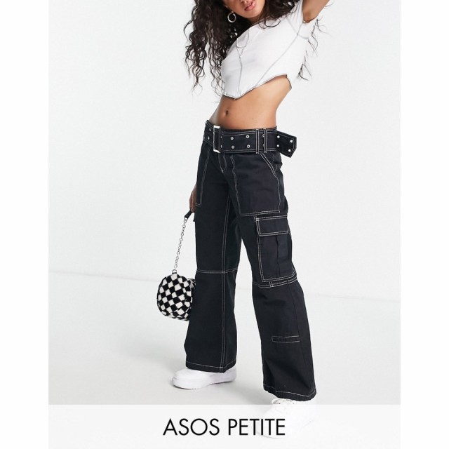 エイソス ASOS DESIGN レディース ボトムス・パンツ Petite Belted Combat Flare Trouser In Black With Contrast Stitch ブラック