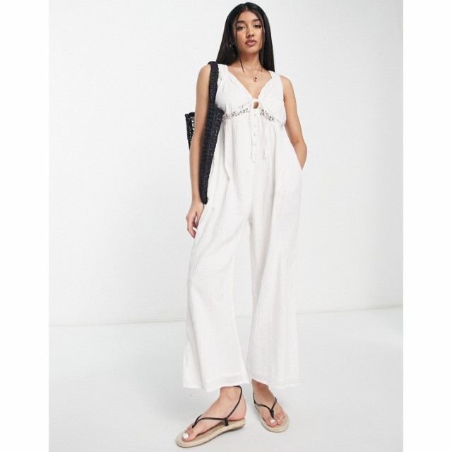 エイソス ASOS DESIGN レディース オールインワン ジャンプスーツ ワンピース・ドレス Lace Insert Crinkle Smock Jumpsuit In White ホ