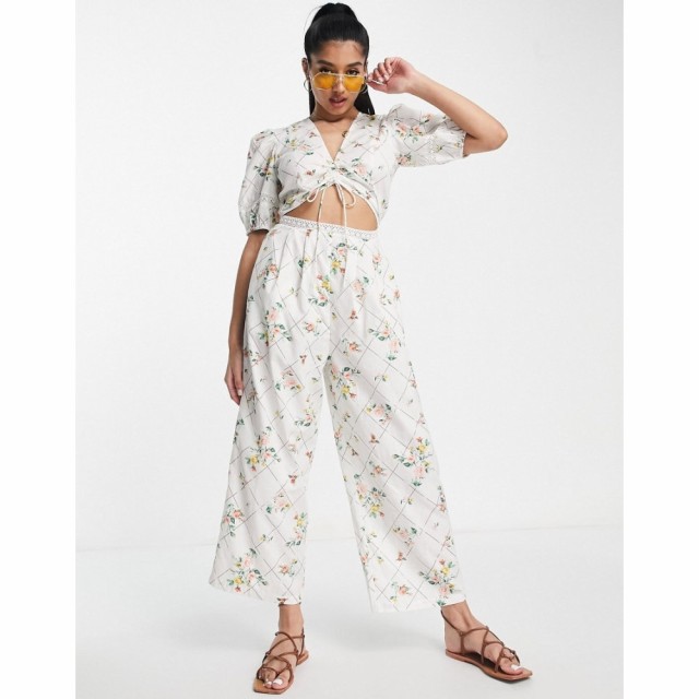 エイソス ASOS DESIGN レディース オールインワン ジャンプスーツ Lace Insert Cut Out Jumpsuit With Puff Sleeve In Floral Grid Print