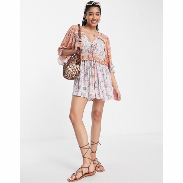 エイソス ASOS DESIGN レディース オールインワン ショート Lace Insert Tie Front Playsuit In Mixed Floral Print ミックス フローラル