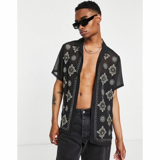 エイソス ASOS DESIGN メンズ シャツ トップス Relaxed Revere Shirt In Sheer With Sparkle Embroidery ブラック