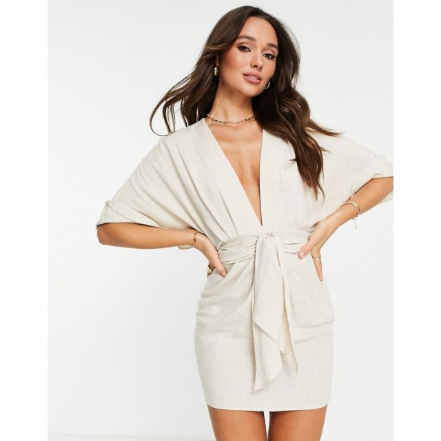 エイソス ASOS DESIGN レディース ワンピース ミニ丈 ワンピース・ドレス Batwing Tie Front Linen Mini Dress In Natural ナチュラル