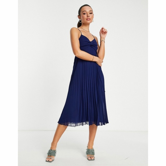 エイソス ASOS DESIGN レディース ワンピース キャミワンピ ワンピース・ドレス Twist Front Pleated Cami Midi Dress With Belt In Navy