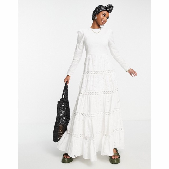 エイソス ASOS DESIGN レディース ワンピース Ａライン ワンピース・ドレス Shirred Mixed Broderie Tiered Maxi Dress With Lace Insert