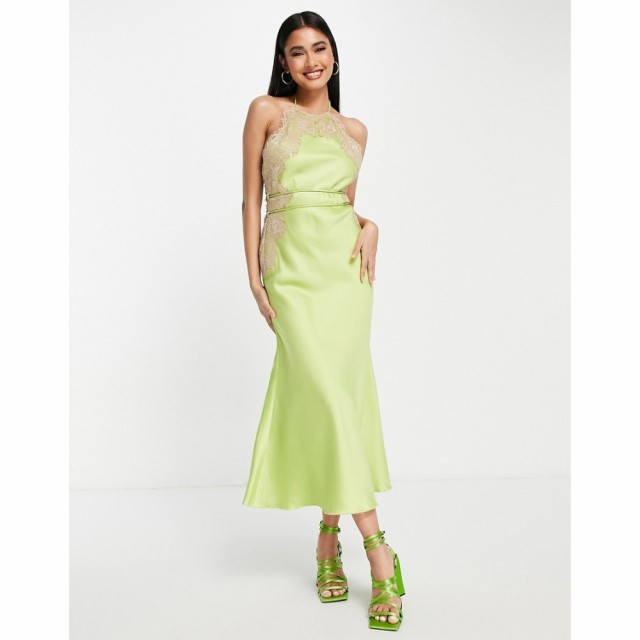 エイソス ASOS DESIGN レディース ワンピース ミドル丈 ワンピース・ドレス High Neck Satin Lace Applique Midi Dress In Green With St