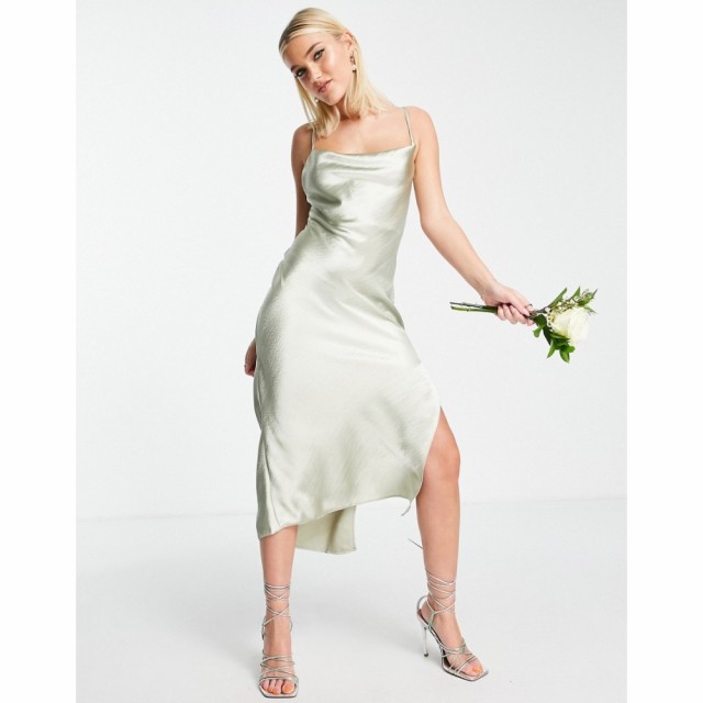 エイソス ASOS DESIGN レディース パーティードレス Bridesmaid Cami Midi Slip Dress In High Shine Satin With Lace Up Back In Sage