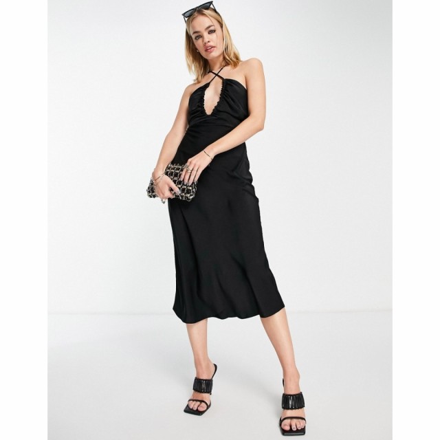 エイソス ASOS DESIGN レディース ワンピース ミドル丈 ワンピース・ドレス Cross Font Halter Satin Midi Dress With Tie Back In Black