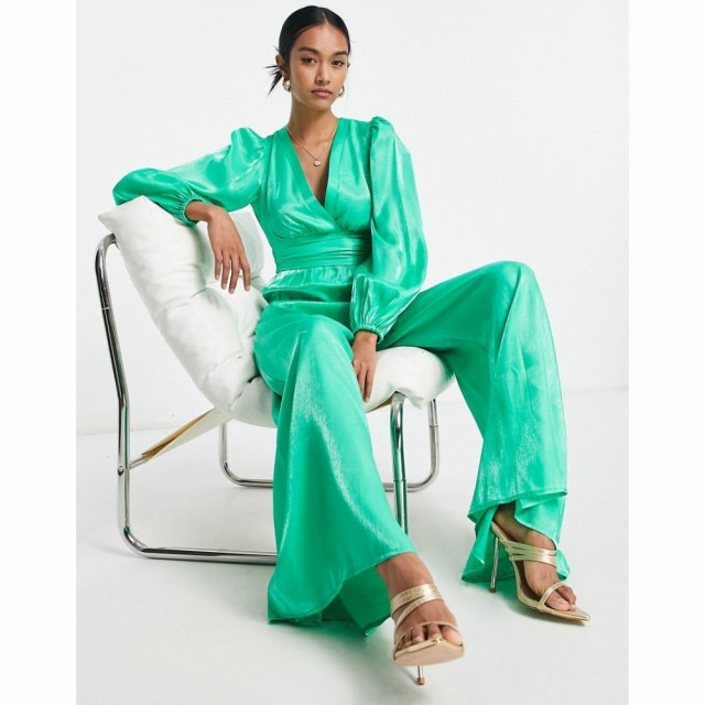 トップショップ Topshop レディース オールインワン ジャンプスーツ ワンピース・ドレス Ruched Waist Plunge Satin Jumpsuit In Green