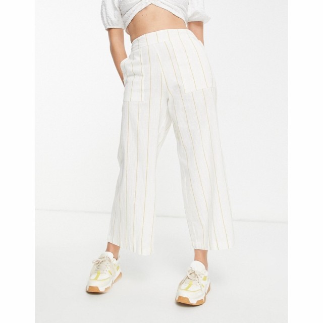 マンゴ Mango レディース ボトムス・パンツ Wide Leg Linen Trousers With Yellow Stripe In White ホワイト